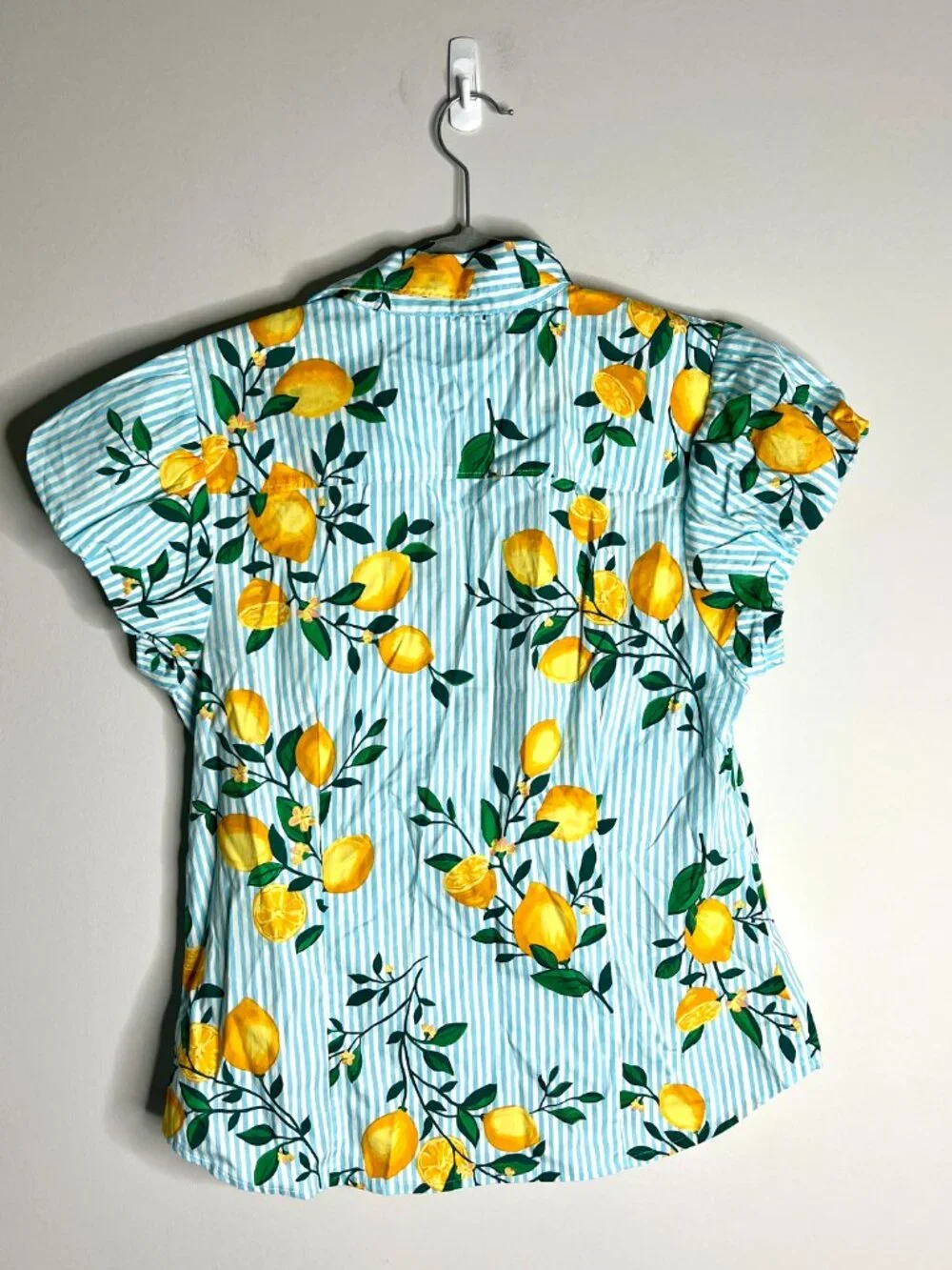 J. Crew Puff-Sleeve Button-Up Top Lemon Print Coastal Summer Vacation Sz S